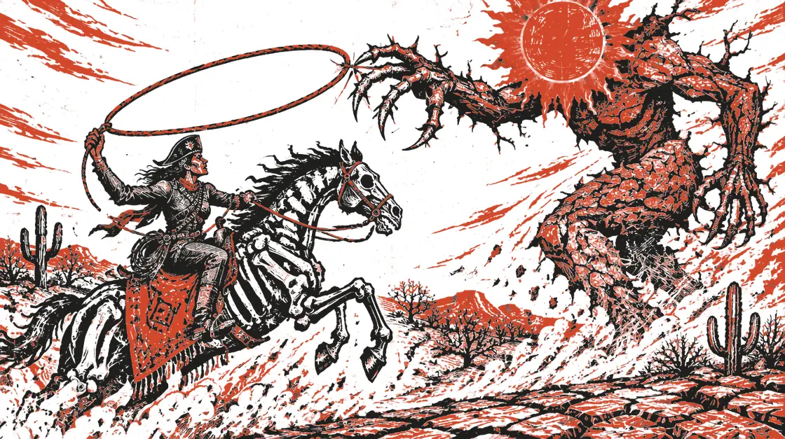Frame bentrokan: Zeferina di atas Hollowmane mengayunkan tali lasso ke atas, Seca menerjang turun dari kanan atas dengan cakar terentang.