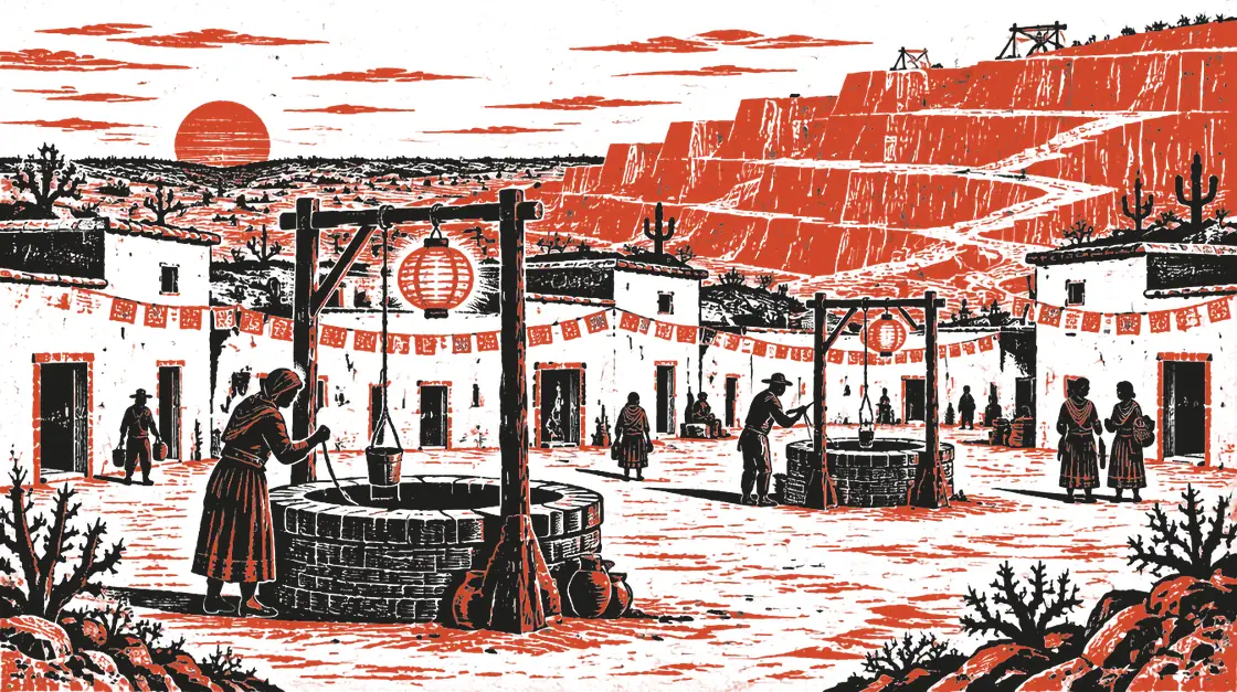 Lantern Wells: desa rumah tanah liat dengan sumur berlentera, di belakangnya tebing tambang merah bertingkat.